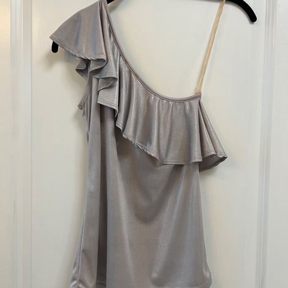 Metallic Silver One-Shoulder Ruffle Top Made in France Size S - Picture 8 of 8
